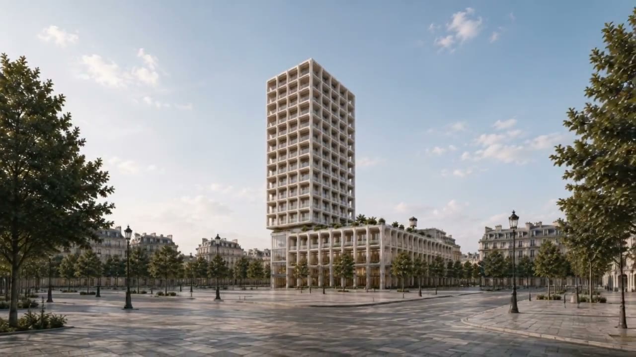 Architectural render of the Quartier One tower on a public square
